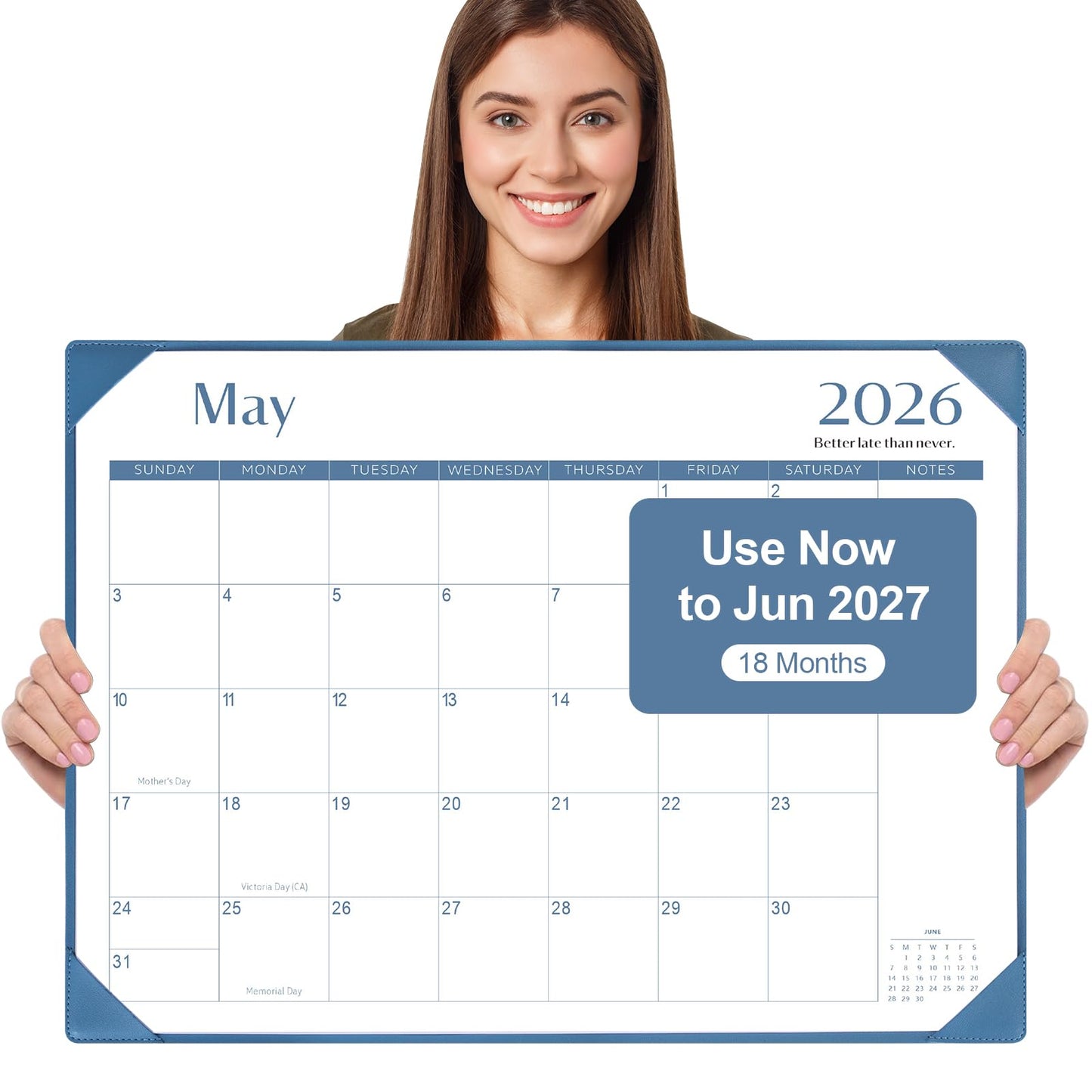 Gannyfer Desk Calendar 2026-2027 with Desktop Mat, Simplified Large 22" x 17" Desktop Pad Calendar, 18 Month Desk Calendar 2026, Use Now to Jun 2027, Office Supplies Perfect for Home School and Office - Blue