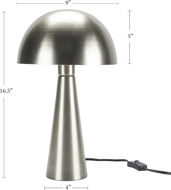 Nourison Home 16" Silver Metal Mushroom Table Lamp, Modern, Retro, Desk Light for Bedroom, Dining, Office, Entryway