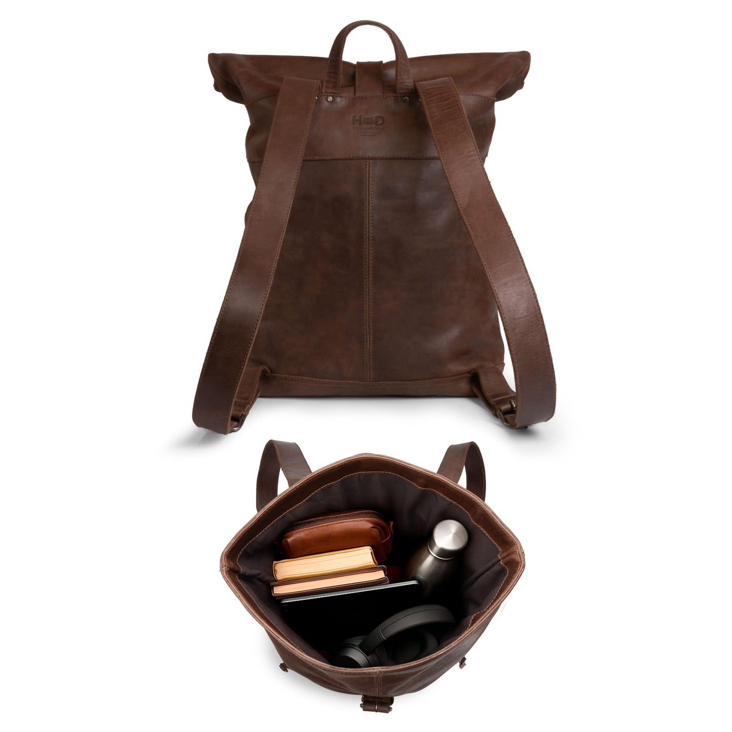 Hide & Drink, Roll Top Backpack, Vintage Style Rucksack with Adjustable Shoulder Straps, Travel Accessory, Full Grain Leather, Handmade, Bourbon Brown