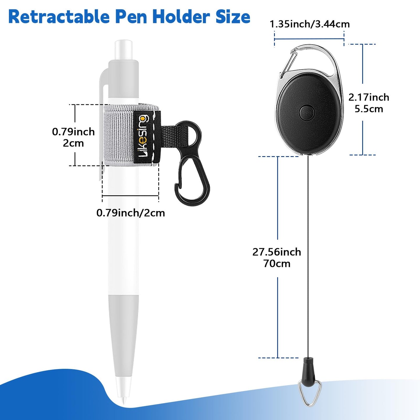 Likesing 4 Black Retractable Pen Holder, 27.5" Reel Elastic Pen Leash Retractable Pencil Holder with 2 Belt Clip for Nurses, Teachers, Waitres, Carpenters, Construction Workers(Black)