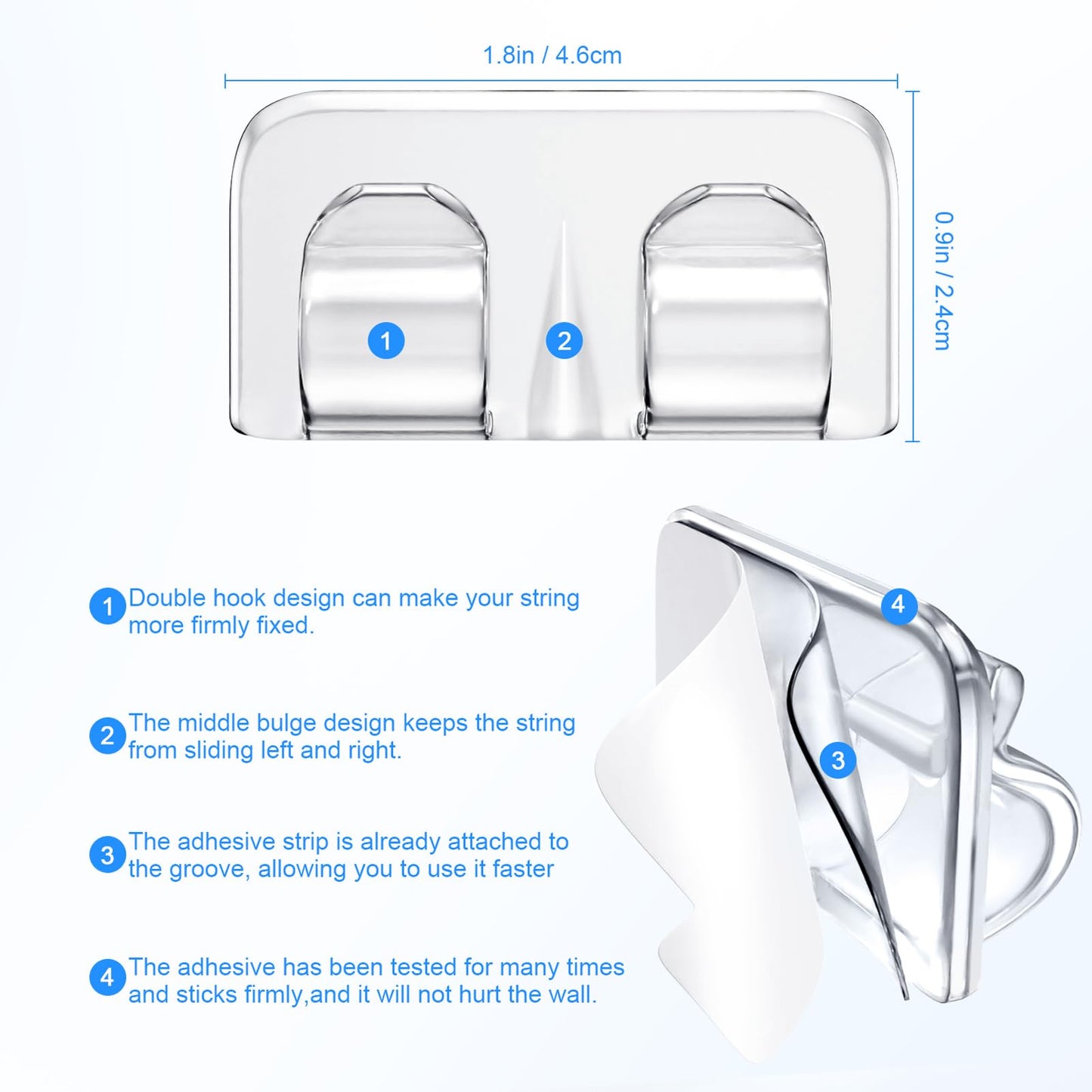 Hetyue Hooks for Outdoor String Lights Clips: 40Pcs Heavy Duty Light Hook with Waterproof Adhesive Strips - Outside Clear Cord Holders for Hanging Christmas Lighting - Outdoors Sticky Clip