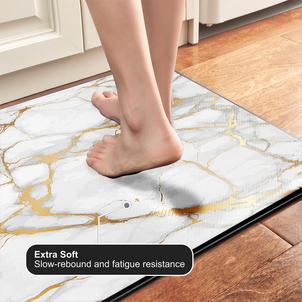 Mrcrypos Gold White Kitchen Rugs Cushioned Anti Fatigue Marble Kitchen Runner Rug PVC Waterproof Leather Long Kitchen Rug Non Slip Floor Comfort Mat for Kitchen Sink Laundry Office 23.5" W x 70" L