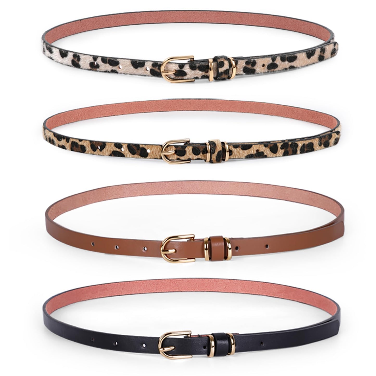 JASGOOD Women Black Skinny Leather Belt for Jeans Pants Fashion Thin PU Leather Waist Belt for Ladies Set of 4(Black+Brown+Leopard,Best for Waist Size 30-36 Inch)
