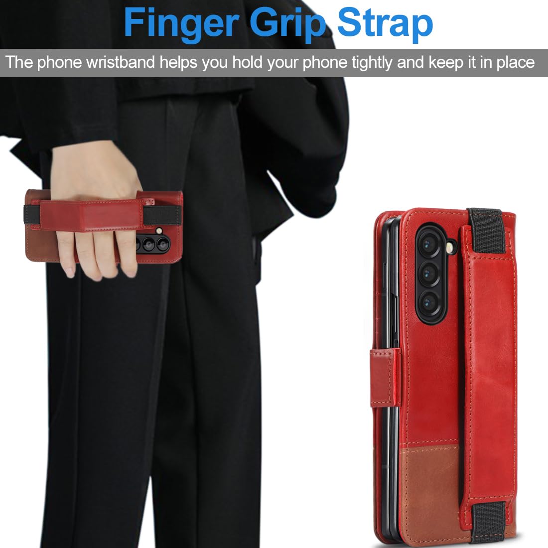 KEZiHOME Case for Samsung Galaxy Z Fold 5, Genuine Leather Wallet Case [RFID Blocking] with Card Holder Stand Shockproof Protective Phone Flip Cover Compatible with Galaxy Z Fold 5(Red/Brown)
