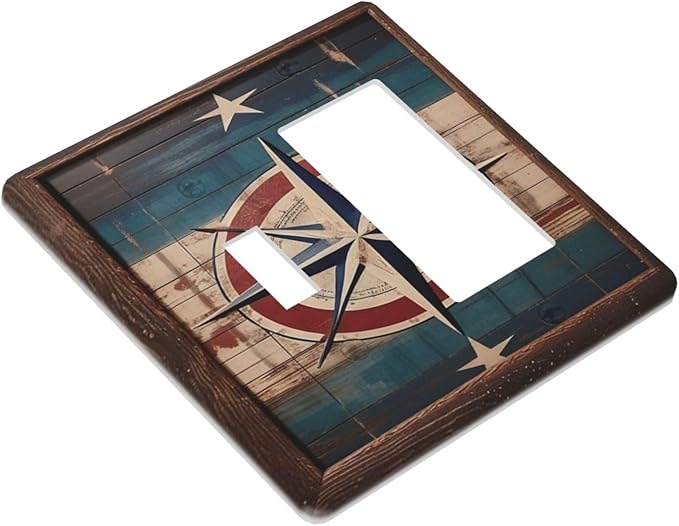 Decorative Art Light Switch Covers Nautical Rustic Star Emblem 2 Gang Single Toggle Rocker Combination Electrical Faceplate Switchplate Wall Plate for Home Decor