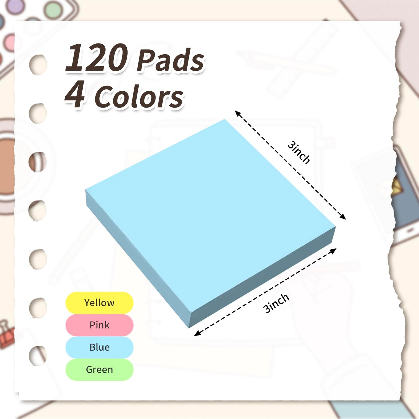 Sowhatsowoo 120 Pads 3x3 Inch Sticky Notes Bulk Bright Colors Self Stick Pads Small Note Pads Memo for Office School Teacher Meeting Home Supplies 50 Sheets/Pad Total 6000 Sheets