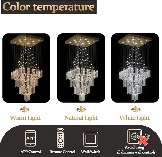 Flashing God D32''X H100'' Extra Large Chandeliers for High Ceilings Square Crystal Raindrop Gold Chandeliers Large Villa Chandelier Entrance Foyer Ceiling Light LED Dimmable 2700K-6000K