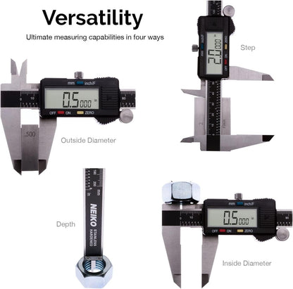 NEIKO 01407A Electronic Digital Caliper Measuring Tool, 0 - 6 Inches Stainless Steel Construction with Large LCD Screen Quick Change Button for Inch Fraction Millimeter Conversions, Digital Caliper Measuring Tool