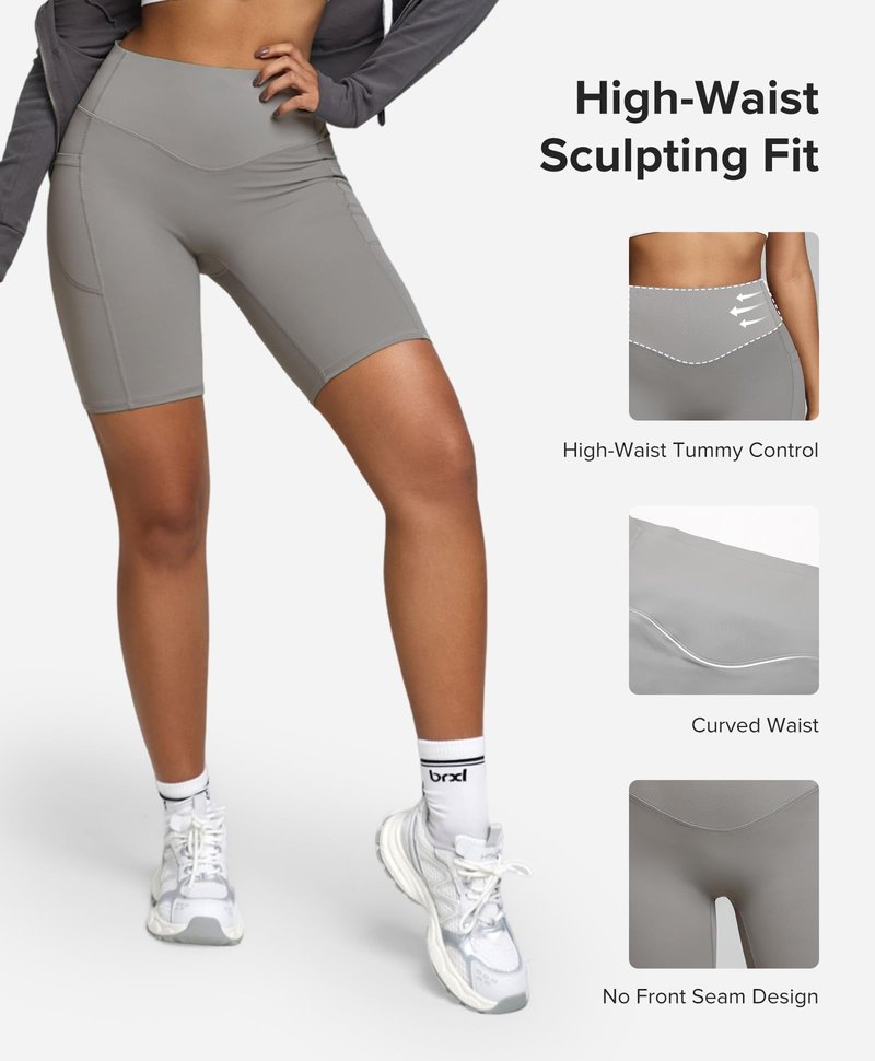 BRXL BrxlZero Biker Shorts Women Pockets 8" No Front Seam High Waisted Compression Workout Tummy Control Running Yoga Gray M