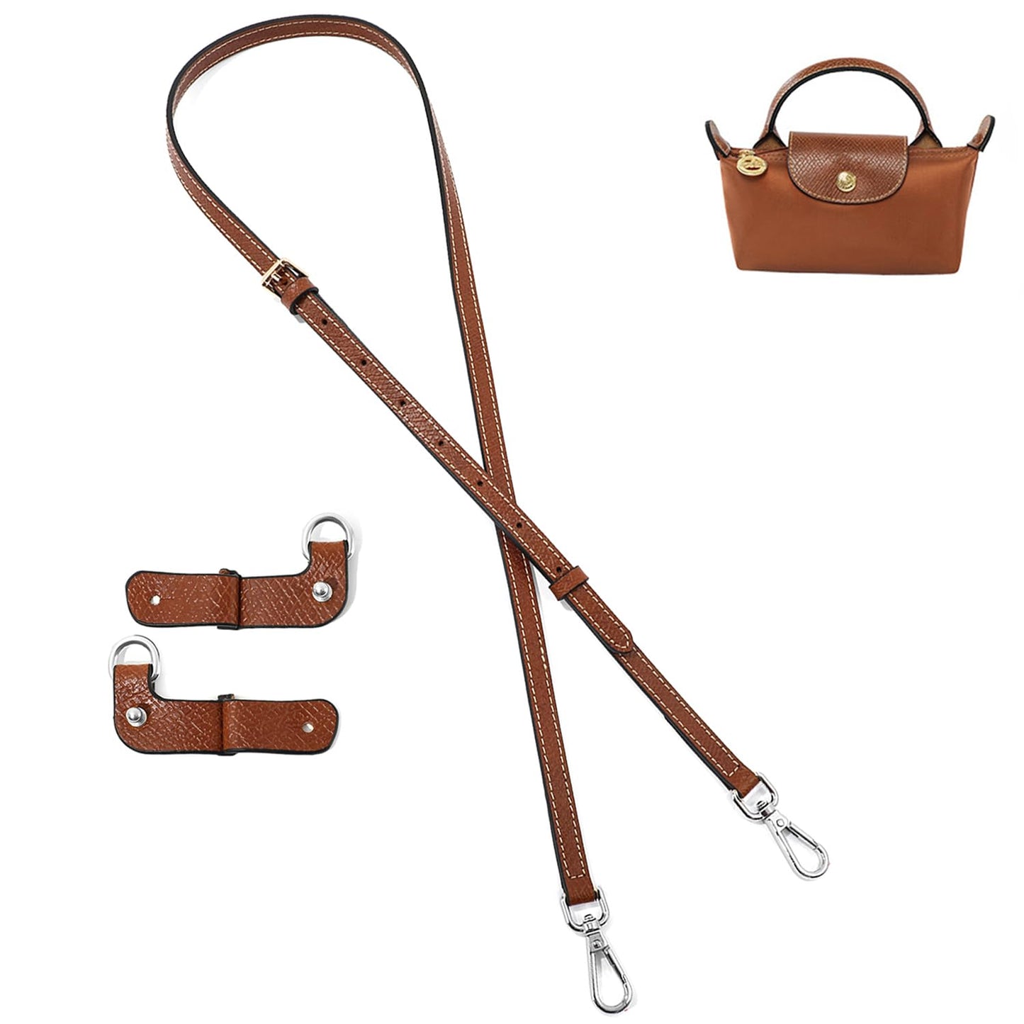 RYYXZXL Leather Purse Straps Replacement Shoulder Strap Leather Adjustable Crossbody Strap Suitable for Long champ Handbags（Brown+silver Hardware）