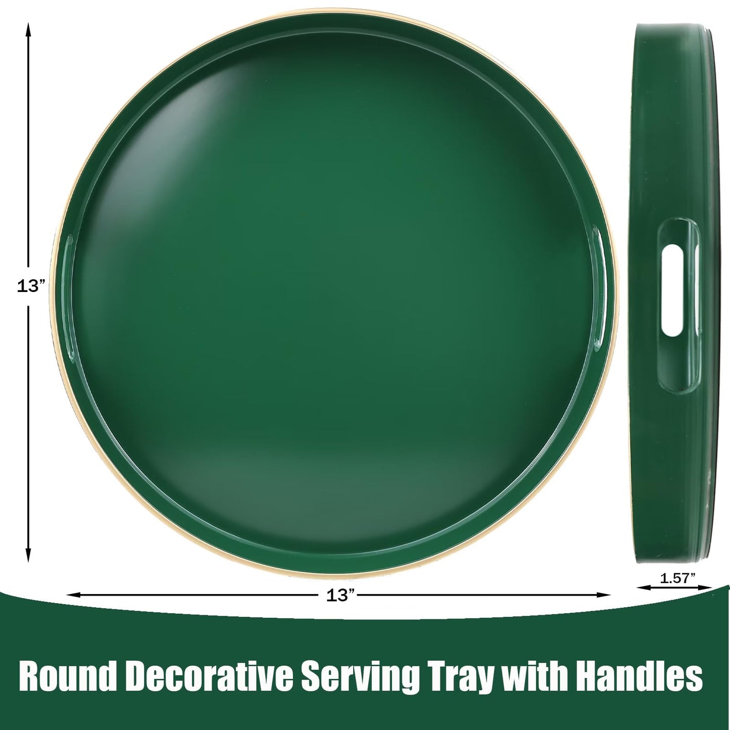Omuriko Green Round Decorative Tray with Handles, 13" Versatile Serving Tray for Coffee Table, Ottoman, Ideal for Serving, Displaying, Organizing