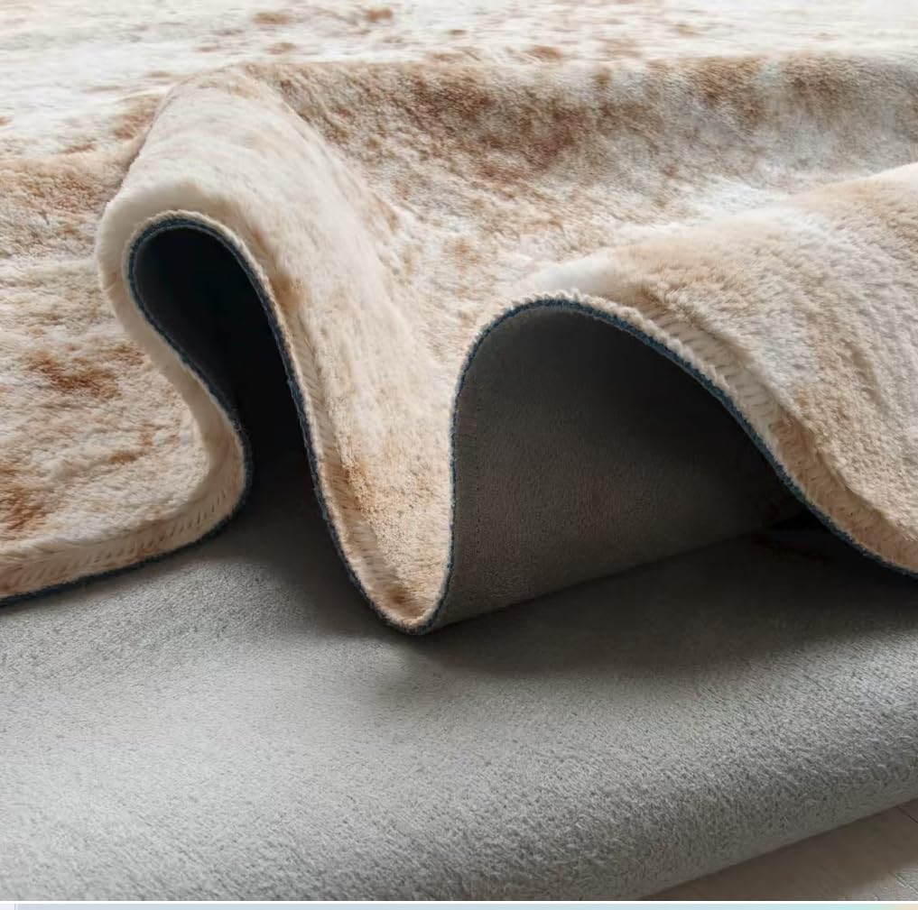 Large Faux Cowhide Rug Beige Brown Animal Print Shaggy Area Rug with Suede Backing, Non-Slip, Machine Washable 6.4x8.4ft Rustic Farmhouse Decor, for Living Room Bedroom