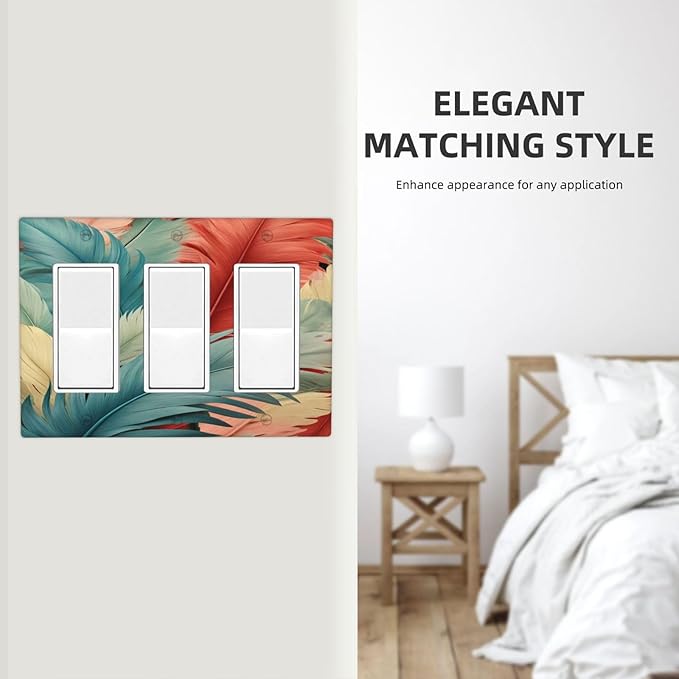 Colorful Feathers Blue Red 3 Gang Rocker Triple Outlet Wall Plate Decorative Switchplate Cover Faceplate GFCI Light Switch Covers for Farmhouse Living Decor