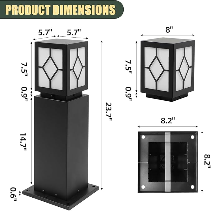 2Pack Landscape Path Lights 24" IP65 Waterproof Bollard Lights, Heavy Duty Steel Stable Widened Base E27 Lamp Holder, Modern Outdoor Path Lights Bollard for Lawn, Patio, Courtyard, Driveway, Lozenge