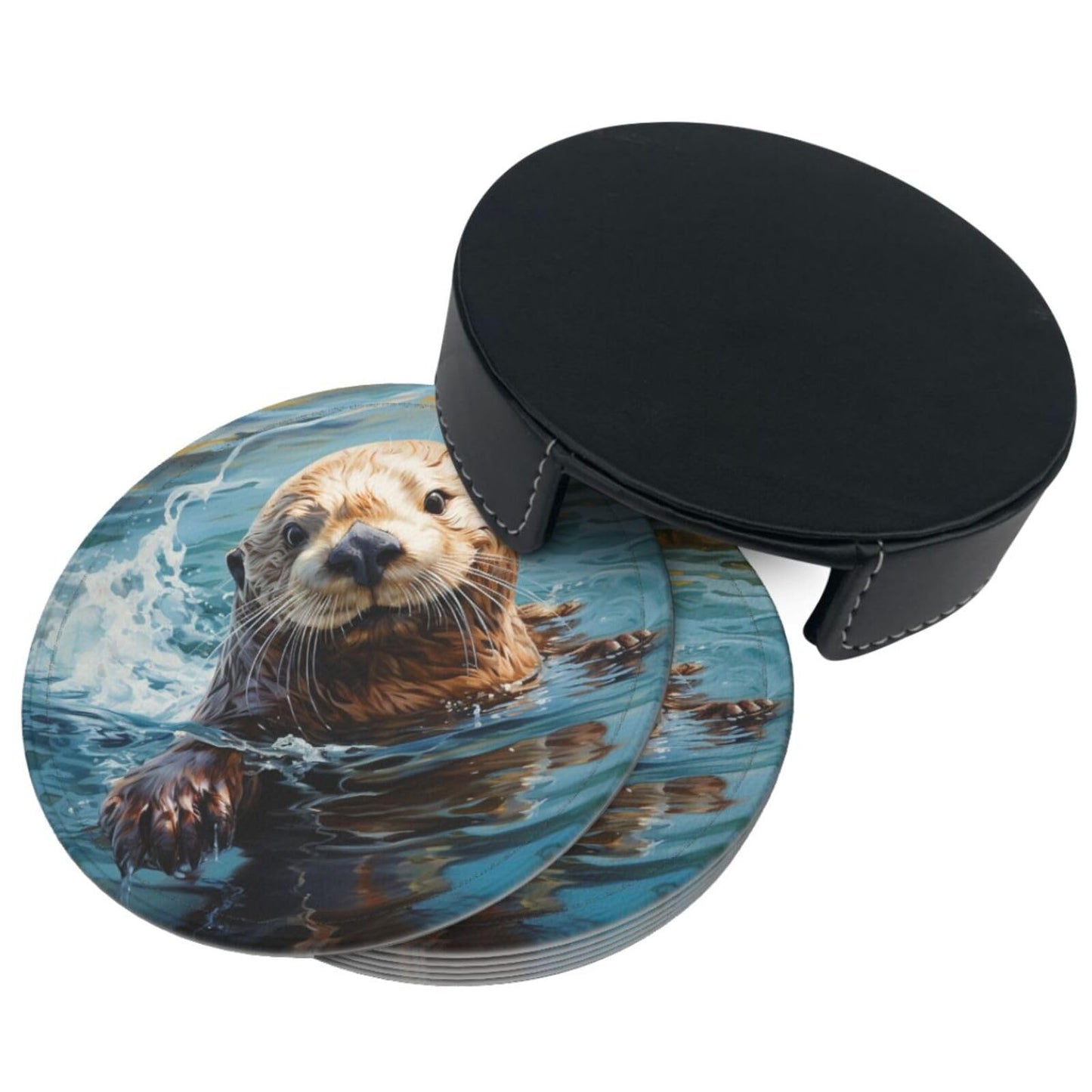 Famame 6 Pcs Cute Sea Otter Leather Coasters for Drinks with Holder Coaster Sets Drink Table Cup Coasters for Living Room Kitchen Coffee Decor