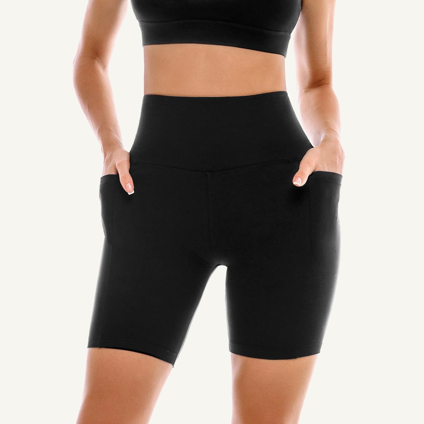Leafigure 2 Pack Womens Biker Shorts with Pockets, High Waisted Tummy Control Yoga Shorts for Women Running Gym and Workout White/Beige L-XL