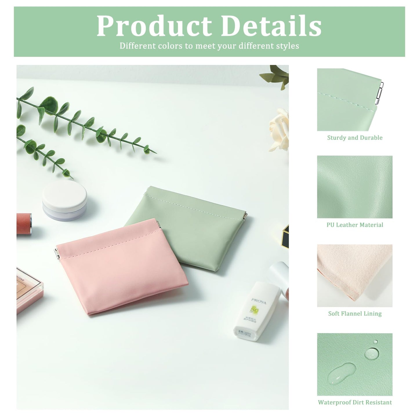 Ruetail Leather Pocket Cosmetic Bag for Purse,4Pcs Waterproof Portable No Zipper Self-closing Cosmetic Bags for Coin Purse Lipstick Cosmetic Accessories Organizer, Travel Kit Storage