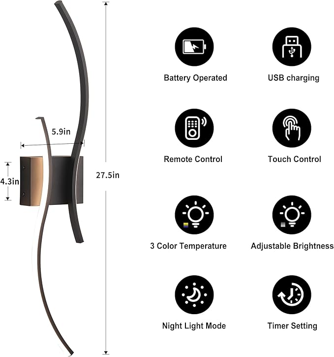 Battery Operated Wall Sconces with Remote Control, Stepless Colors 3000K-6000K & Dimming, LED Black Wireless Wall Light for Living Room, Hallway, Bedroom, 27.5 Inch (1 Pack)