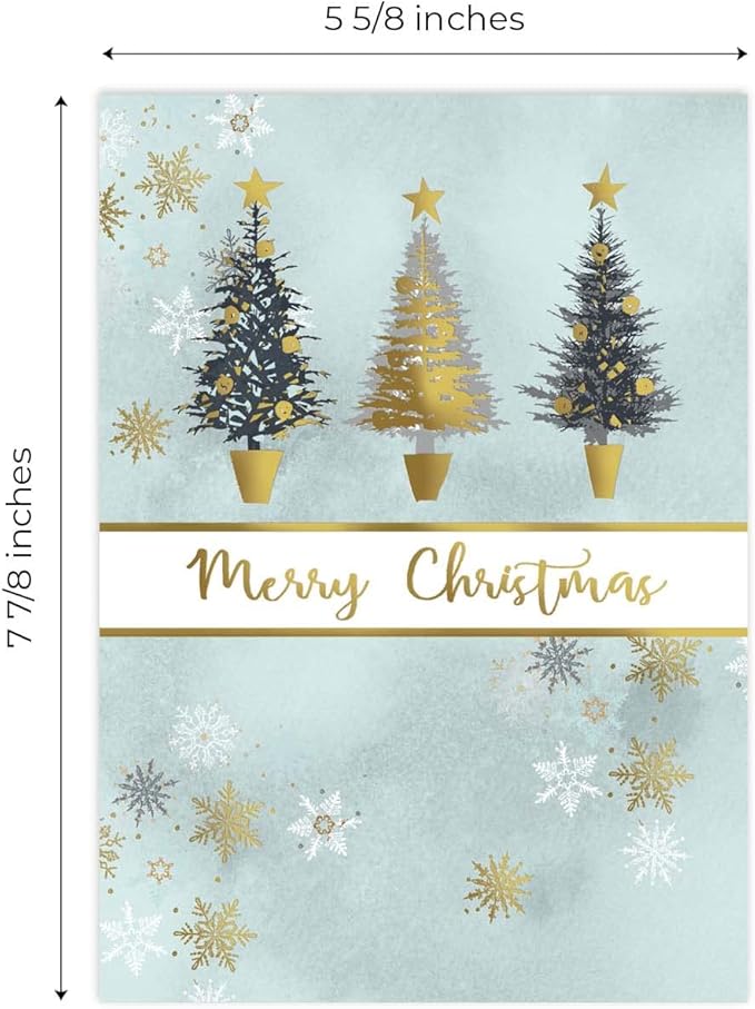 Masterpiece Christmas Tree Trio Gold Foil Holiday Cards / 16 Boxed Winter Holiday Cards With Gold Foil Lined Envelopes / 5 5/8" x 7 7/8" Folded Seasonal Greeting Cards With Inside Verse