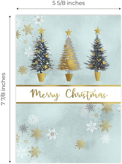 Masterpiece Christmas Tree Trio Gold Foil Holiday Cards / 16 Boxed Winter Holiday Cards With Gold Foil Lined Envelopes / 5 5/8" x 7 7/8" Folded Seasonal Greeting Cards With Inside Verse