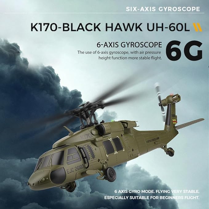 FunXylophy WL K170 RC Helicopter 2.4G 4CH Flybarless 6-Axis Gyroscope Altitude Hovering RC Military Helicopter with Display Stand and Apron Takeoff Landing Pads (RTF Version)