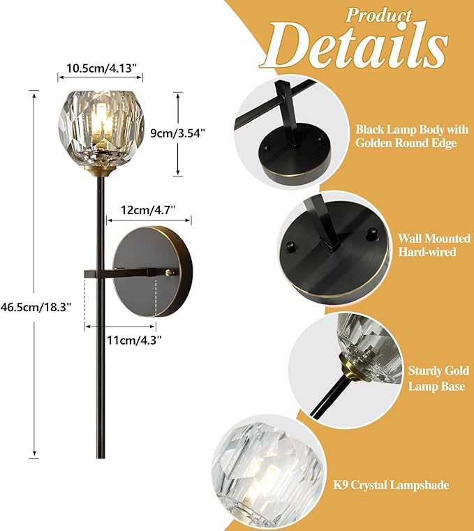 BOKT Mid Century Matte Black Crystal Wall Sconce Lighting Set of 2 Modern Long Metal Wall Light Set of Two 1-Light Clear Glass Wall Lamp Retro Industrial Crystal Bathroom Vanity Light Fixture