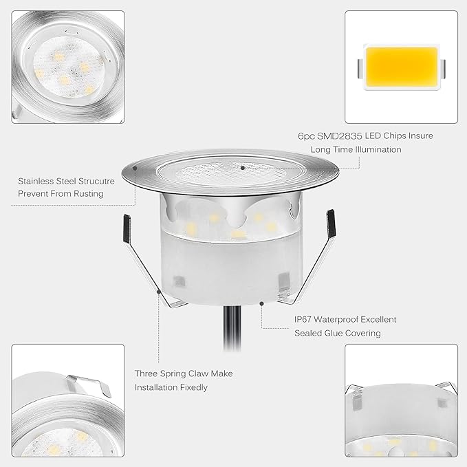 Led Deck Lights Blue Outdoor Waterproof Low Voltage Stainless Steel 1W Outdoor Yard Garden Decoration Lamps Landscape Pathway Patio Step Stairs LED In-ground Lights(Silver Border,1 Pack