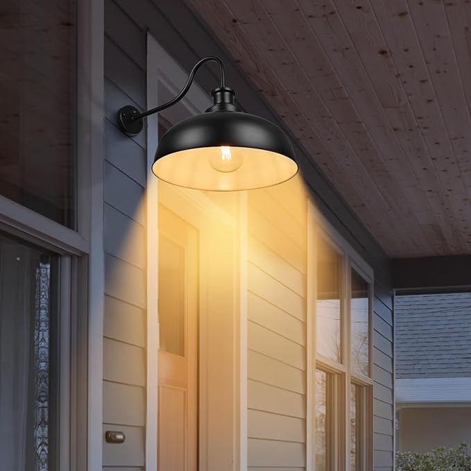 Dusk to Dawn Outdoor Gooseneck Barn Light,16 Inch Dome Outdoor Wall Sconce Farmhouse Exterior Wall Mount Light Wall Lighting Fixture Industrial Black Wall Lantern for Porch Garage, 3 Pack
