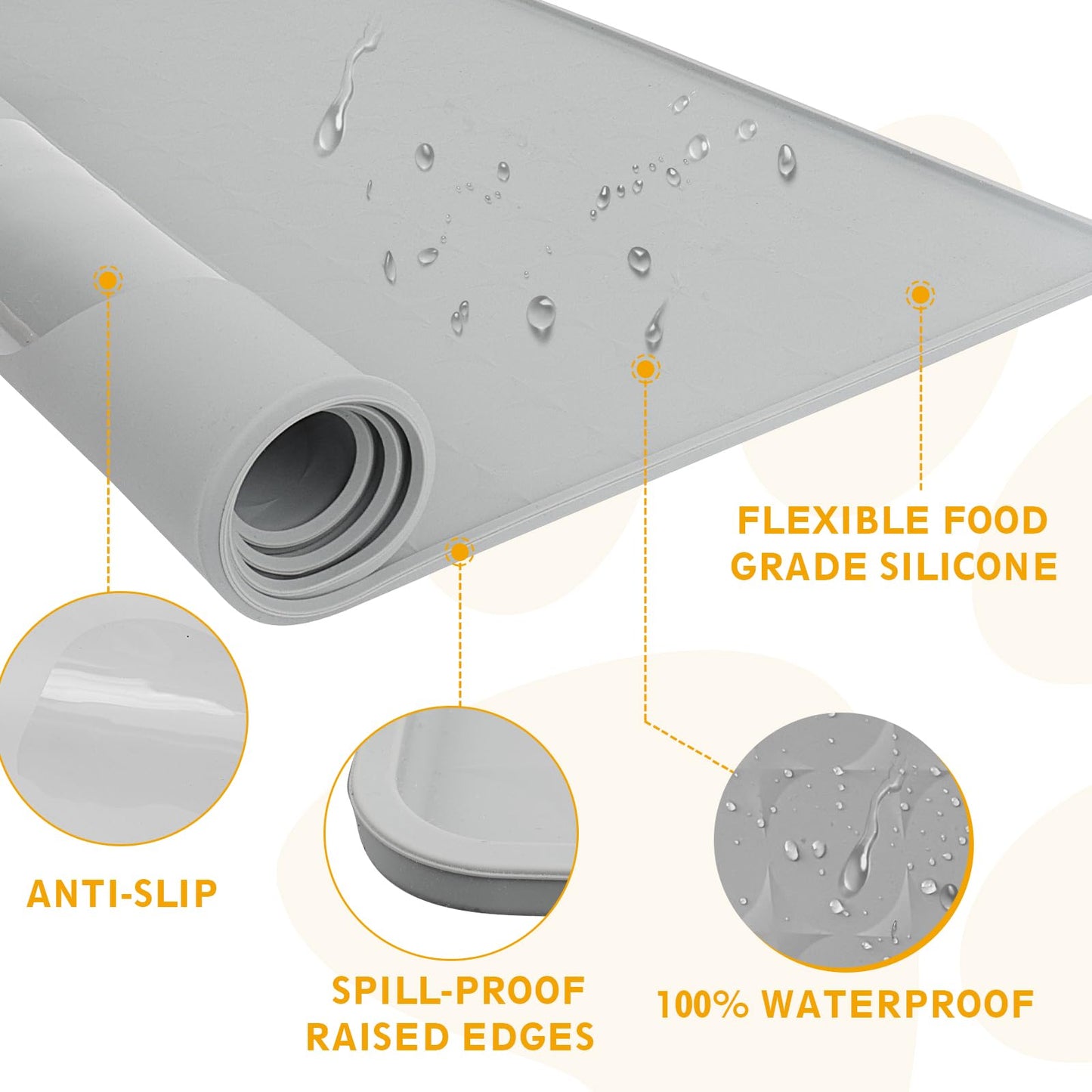 Extra Large Silicone Dog Food Mat 33.9"x21.9" – 0.27" Raised Edge Waterproof Pet Feeding Mat, Non-Slip Placemat for Multiple Bowls, Auto Feeders, Cat Fountains, Dishwasher Safe (Black/Gray)