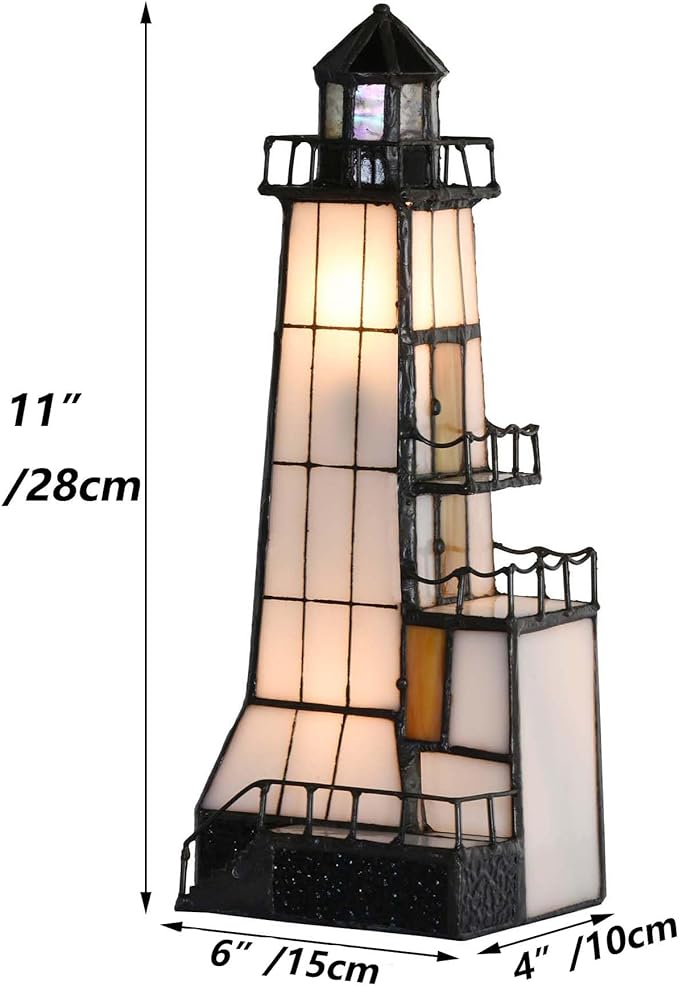 Bieye L10779 Lighthouse Tiffany Style Stained Glass Accent Table Lamp Night Light with Lookout Platform for Home Decoration (4x6x11, Brown)