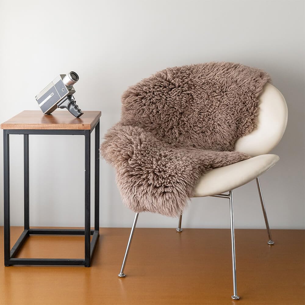 Khara Home Genuine Sheepskin Rug – Soft & Fluffy Curly Hair Single Pelt (2' x 3') Dark Beige Lambskin Area Rug for Bedroom or Living Room – Made in Argentina