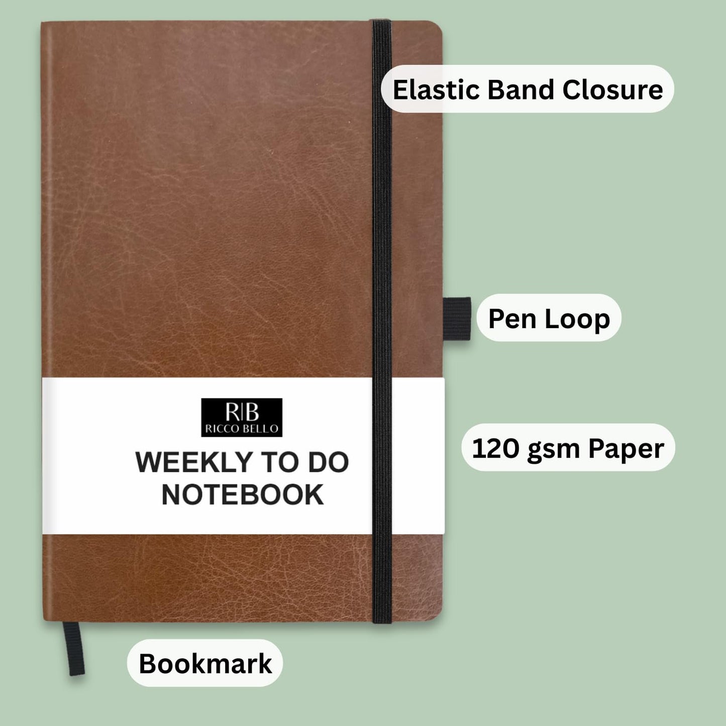 RICCO BELLO Undated Weekly Planner To Do Notebook | Faux Leather Hardcover, for Work, School, Home with Pen Holder, Bookmark, Band Closure, Storage Pocket, 5.7 x 8.4 Inches (Brown)
