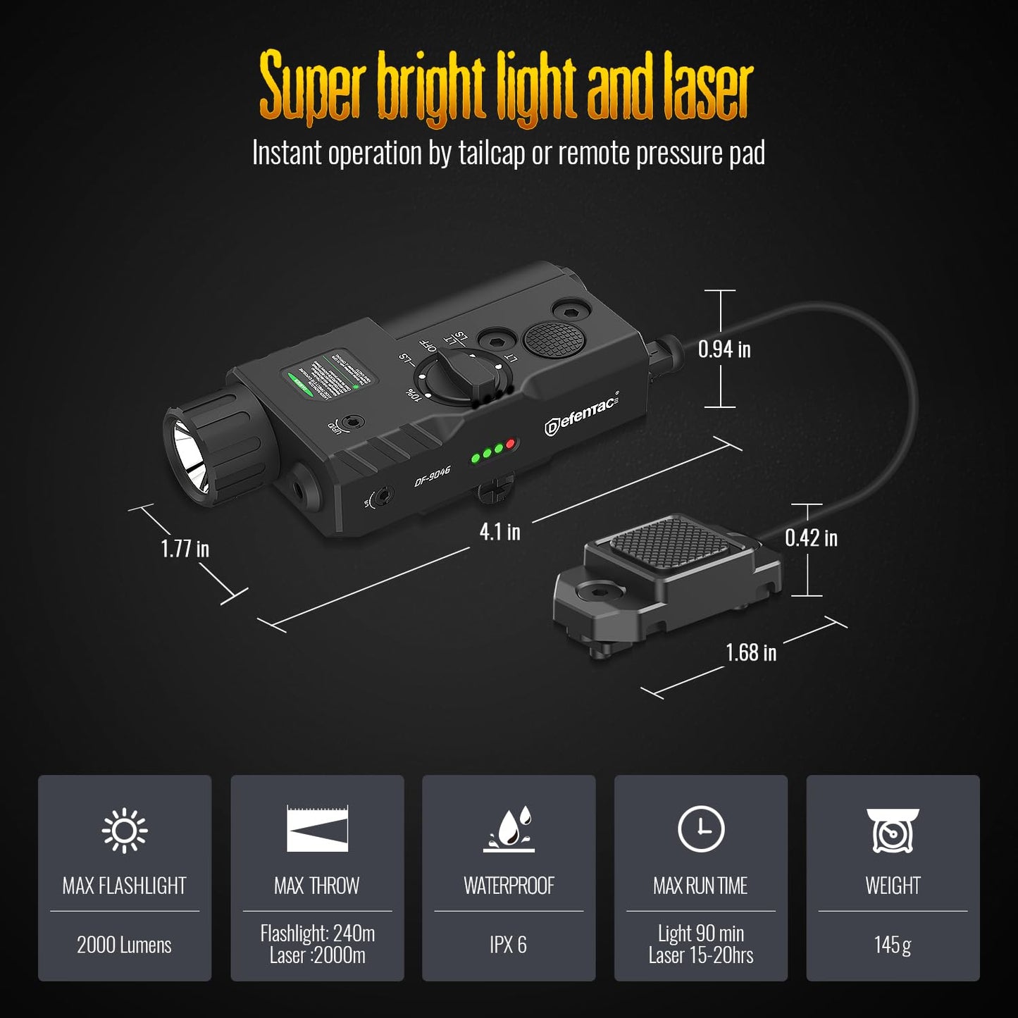 DEFENTAC 2000 Lumens Green Laser Light Combo Compatible with Mlok/Picatinny (2 in 1), Rechargeable Tactical Flashlight with Strobe/Momentary for Rifle, with Remote Switch