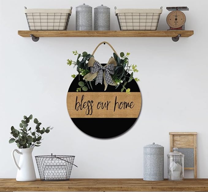 Bless Our Home Front Door Sign Funny Wreaths Hanging Wooden Plaque Decoration Round Rustic Wood Farmhouse Porch Decor for Home Front Door Decor, 12 x 12 Inch