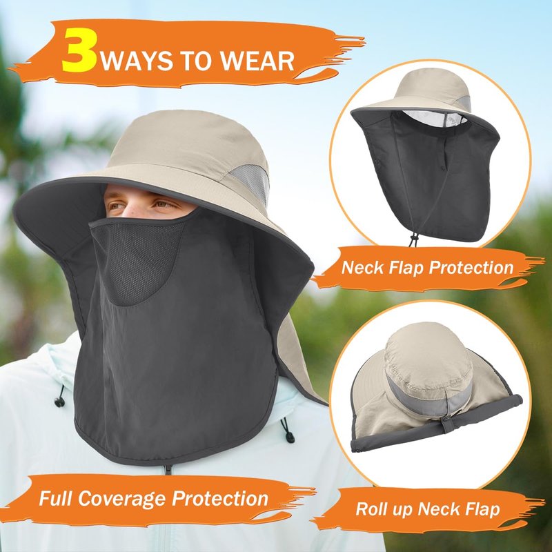 ZEXIAN Men&Women Wide Brim Fishing Ponytail Sun Hat with Removable Face and Neck Flap UPF 50+ UV Protection Safari Cap (US, Alpha, One Size, Khaki)