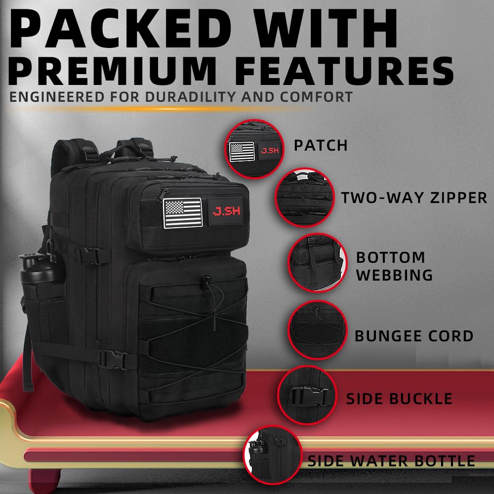 J.SH 45L Large Military Tactical Backpack for Men, EDC MOLLE Backpack, 900D Oxford Nylon, 3-Day Assault Rucking Pack, Heavy-Duty Tactical Gear for Outdoor Hiking,Gym, Rugged Survival&Bug Out Bag-Black