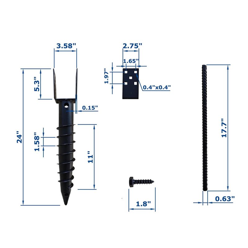 1 Pack 24 Inch Black U Model Ground Anchor Fence Includes Lag Bolts and Rebar, Fits Standard 4x4 (3.5" X 3.5" Inch) Post, No Dig Post Stake for Deck,Fence,Porch,Railing,Mailbox