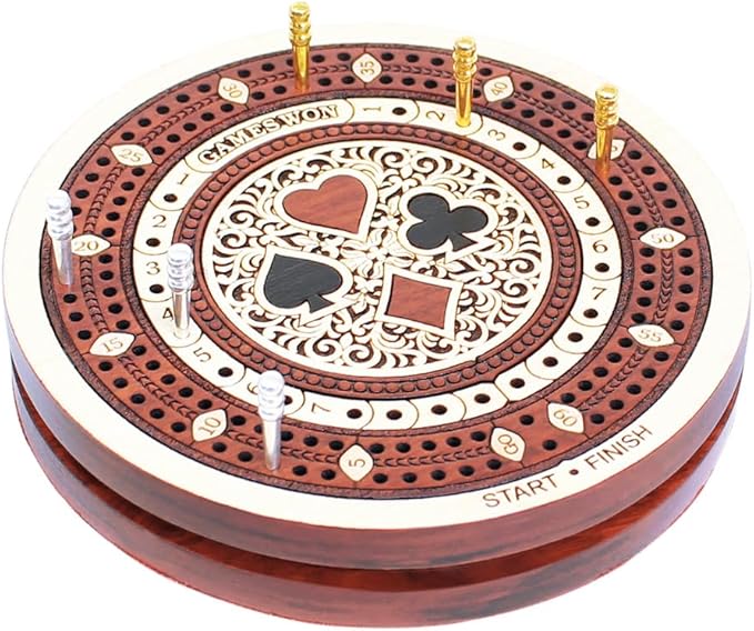 House of Cribbage - 2 Track 60 Points - Round Shape Pocket Size Wooden Travel Cribbage Board - Size 4 Inch (Maple Wood/Bloodwood)