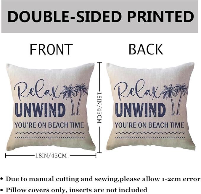 ULOVE LOVE YOURSELF Coastal Beach Throw Cushion Covers Double-Sided Tropical Palm Paddles Anchor Starfish Summer Beach House Decorative Pillowcase 18 x 18 Inch 4Pack Porch Patio Decor (Blue)