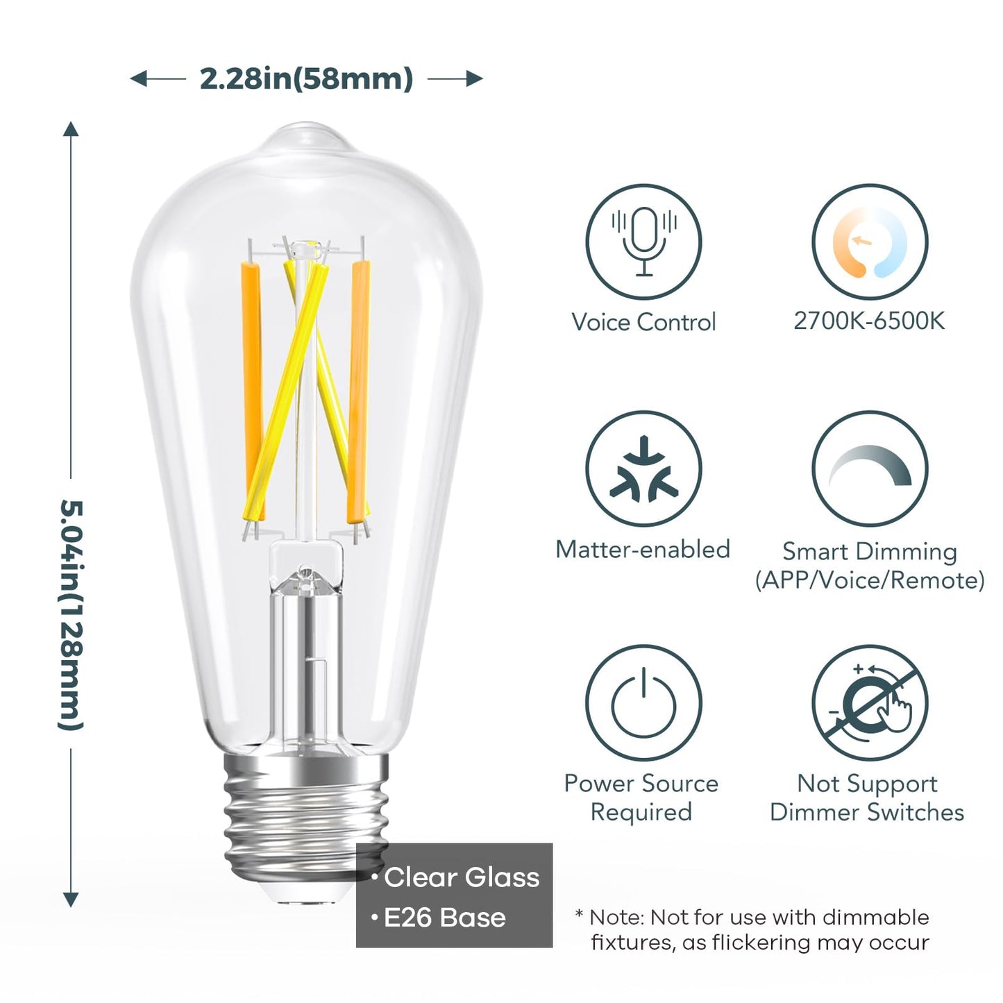 Linkind E26 Smart Edison Bulbs, 2700K-6500K Tunable WiFi Edison Bulbs with Remote Control, 8W 60W Equivalent Dimmable ST19 (ST58) Vintage Light Bulbs 800lm, Compatible with Alexa & Google Home, 4-Pack