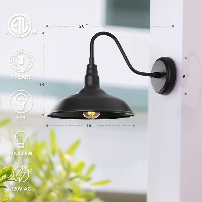14 Inch Outdoor Gooseneck Light Fixture for Porch, 2 Pack Large Exterior Barn Lights for Farmhouse, Black Outside Wall Sconce for Porch Patio Garage