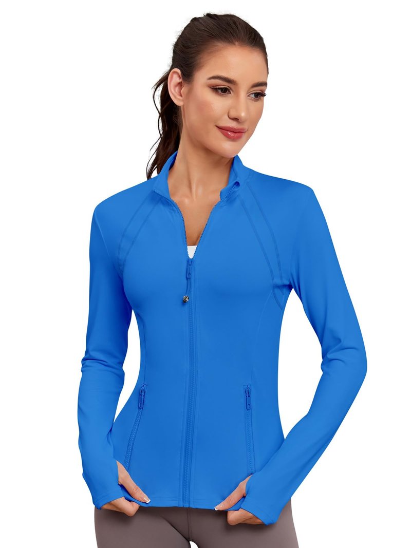 VUTRU Women Athletic Zip Up Jacket Lightweight Workout Long Sleeve Cooling Shirts with Thumb Holes and Pockets for Gym Yoga Blue L