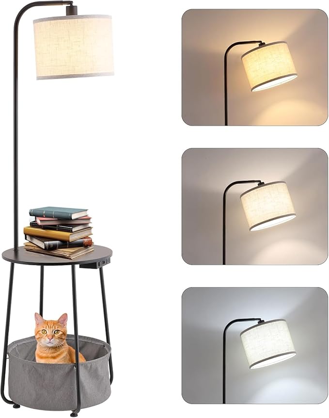 Floor Lamp with Cat Bed and Charging Station, Adjustable Lampshade, 3 Color Temperatures, Remote & Foot Switch Control, Standing Lamp with USB & AC Outlets for Living Room Bedroom, Black