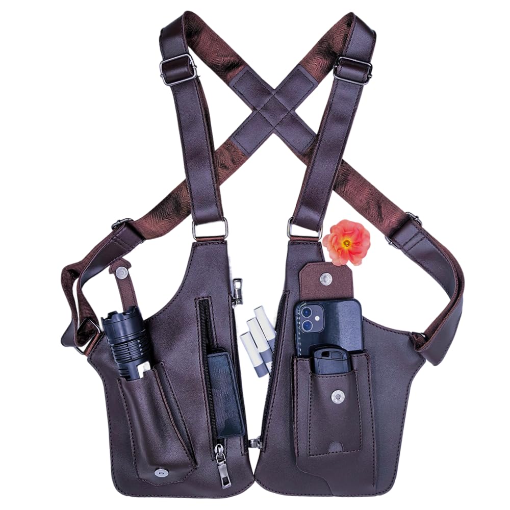 Double Shoulder Armpit Bag for Men, Anti-Theft Underarm Shoulder Bag, Adjustable Armpit Bag, Multi Pocket Crossbody EDC Bag for Travel Everyday Carry, Fits Up to 6.2" Phones (Slim Fit), Brown