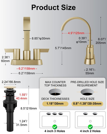 Aolemi Bathroom Sink Faucet, 4 Inch Centerset Waterfall Faucet for 2 or 3 Hole Vanity Sink, 2 Handle Vanity Faucet with Pop Up Drain and Supply Lines, Brushed Gold