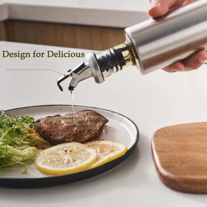 Mincham Olive Oil Dispenser Bottle 7oz(200ml), Oil Dispenser Bottle for Kitchen, Premium Glass Stainless Steel Oil and Vinegar Cruet, with Spout and Pouring Funnel, No-drip Oil Bottle