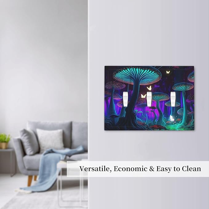 Fantasy Mushroom Forest Glowing Butterfly 3 Gang Wall Plates Decorative Triple Toggle Light Switch Cover Electrical Switchplate Unused Decorate Faceplate for Bathroom Home