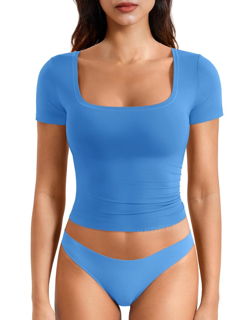 YEOREO Womens Tops Short Sleeve Going Out T Shirts Scoop Neck Slim Fit Double Lined Pattiy Crop Tops Sea Blue M