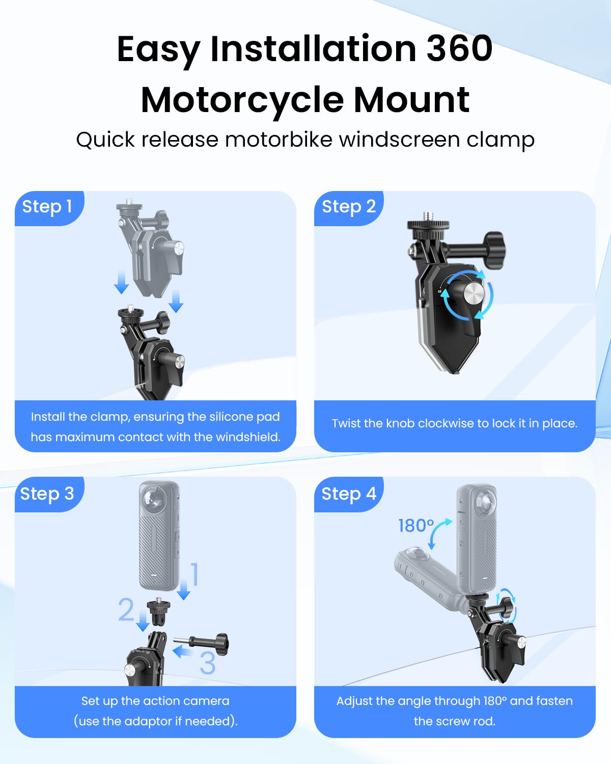 Maectech Motorcycle Windshield Clip Camera Mount for Insta360 X5/X4/X3 for GoPro for DJI Osmo Action Motorcycle Mount Clamps for Insta360 X5 Accessories