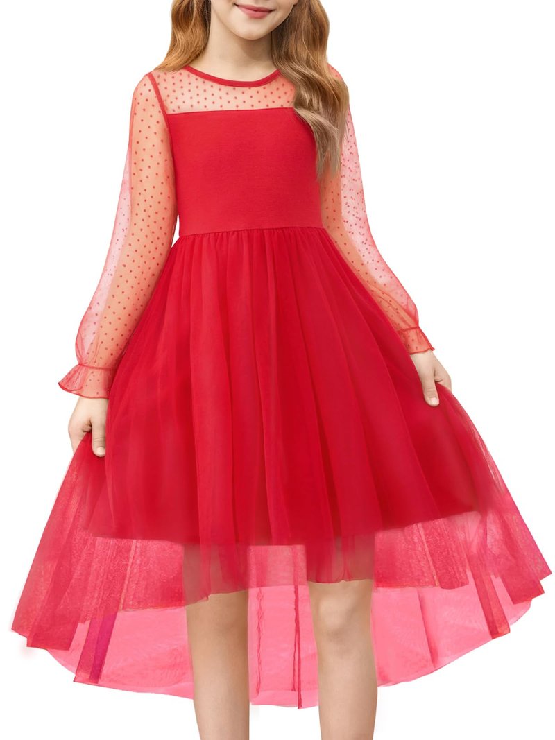 Haloumoning Girls Dresses Kids Contrast Mesh Long Sleeve Twirly High Low Birthday Party Formal Dress 5-14 Years Red